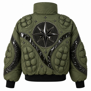 Custom Olive <b>Green</b> Puffer Jacket With Studded Panels And Compass Star Print Design Detail For Unisex Winter Wear - Product Image 2