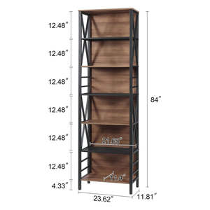 Étagère industrielle à 6 niveaux en bois d'acacia massif naturel de luxe avec structure en métal noir pour le rangement et l'affichage dans le bureau à domicile ou le salon - Product Image 2