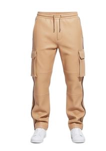 Custom Men's Beige Genuine Leather Tracksuit Set with Brown Contrast Stripe Details – Luxury Hooded Bomber <b>Jacket</b> and Cargo Pock - Product Image 5