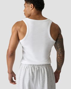 XL Size Lightweight Breathable Men's <b>White</b> Ribbed <b>Tank</b> <b>Top</b> O-Neck Casual Knitted Solid Color Spandex Front Logo 2026 Wholesale - Product Image 2