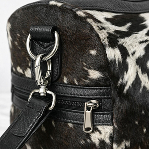Sac de voyage en cuir de vachette, motif noir et blanc, week-end, grande capacité, fermeture éclair - Product Image 5
