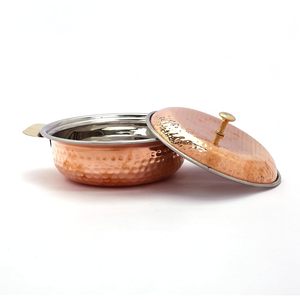 Hammered <b>Copper</b> Serving Dish with Lid Brass <b>Knob</b> Handle Stainless Steel Lining Handcrafted Tableware - Product Image 1