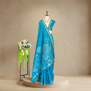 Sari en soie bleue à fleurs et broderies Zari, tenue traditionnelle pour femmes, pour mariage, fête et occasions festives - Product Image 1
