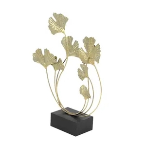 Luxury Gold Metal Ginkgo Leaf Sculpture Fan Foliage Branch Figurine Modern Tabletop Centerpiece Rectangular <b>Block</b> Base Stand - Product Image 1