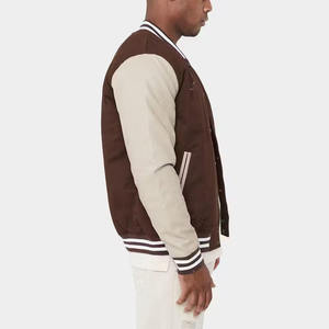 Custom Logo Men Vintage Varsity Jacket <b>Brown</b> <b>Fleece</b> Contrast Sleeve Letterman Baseball Bomber Jacket with Towel Letter Patch - Product Image 4