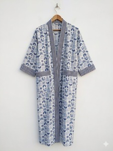 Peignoir Kimono en Coton pour Femme, Imprimé Bleu, Léger, avec Ceinture, Idéal pour Spa et Hôtel - Product Image 3
