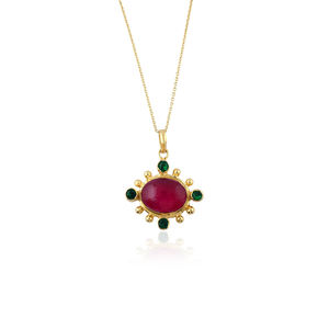 Collier en pierres précieuses best-seller, pendentif style soleil en rubis et jade avec quartz émeraude, collier statement en laiton plaqué or 18 carats - Product Image 1