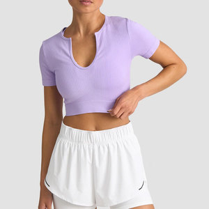 OEM Women's Workout Wear Short Sleeve V Neck Deep Crop Length Design Pattern <b>Yoga</b> Wear Comfortable <b>T</b>-<b>Shirt</b> Ribbed Material - Product Image 5