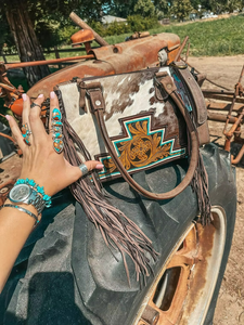 Western Cowhide Leather Tote Bag with <b>Tooled</b> Floral Panel & Turquoise Accent | Hair-On Leather Fringe Shoulder Bag for Women - Product Image 4