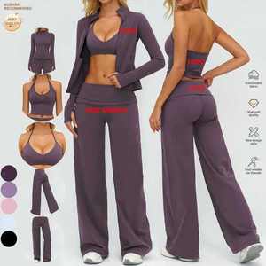 Ensemble de vêtements de sport pour femmes, haut à col haut et manches longues avec fermeture éclair bleu clair, pantalon à taille haute et jambes larges, couleur unie - Product Image 4