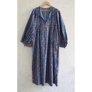 Robe longue en coton imprimée à la main motif floral, col profond, taille naturelle, lavable, tenue d'été, robe décontractée ethnique bohème pour femme - Product Image 3