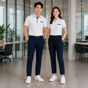 <b>White</b> Short Sleeve Uniform Shirt with Navy <b>Trousers</b> Breathable Cotton Seamless Fusing Needle Detection for Adults Unisex - Product Image 1