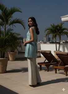 Conjunto de pantalón y top azul para mujer, elegante, festivo, estilo étnico, traje indio pakistaní, conjunto chanderi, conjunto de vestido elegante - Product Image 2