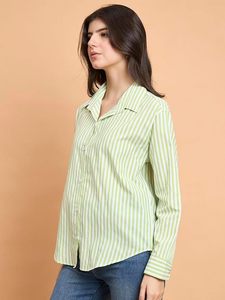 Camisa de Algodón a Rayas para Mujer, con Botones, Manga Tres Cuartos, Corte Holgado, Casual, Primavera-Verano, Cuello Camisero, Popelina Tejida - Product Image 3
