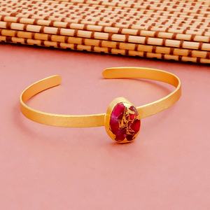 Handmade <b>Ruby</b> Jade Mohave Stainless Steel Geometric Open Cuff Unisex Gold Plated Trendy Bezel Setting Statement Adjustable - Product Image 1