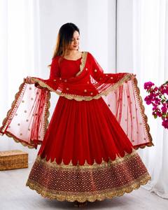 Costume Anarkali traditionnel rouge pour femmes avec dupatta brodée d'or, coupe ample, longueur au sol, style indien pakistanais - Product Image 2