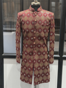 Royal Maroon Sherwani Suit with <b>Pant</b> for Men Heavy Gold <b>Sequin</b> Embroidery Groom Wedding Wear Traditional Long Jacket Suit - Product Image 2
