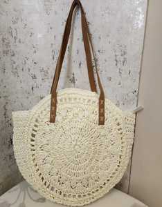 White Round Straw Woven Handbag Large Capacity Shoulder Tote Bag Hollow Out Zipper Closure for <b>Beach</b> Travel - Product Image 2