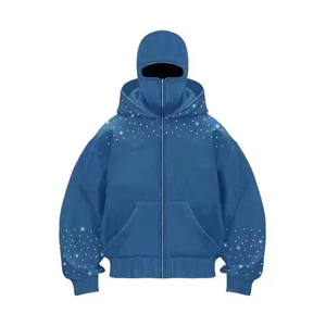 Sweat à capuche zippé de luxe en strass, style streetwear épais, avec masque facial intégré en cristaux - Product Image 1