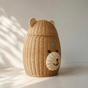 Natural Rattan <b>Bear</b> Storage Basket With Lid Handmade Wicker Toy Organizer Kids Nursery Decorative Basket Wholesale OEM - Product Image 2