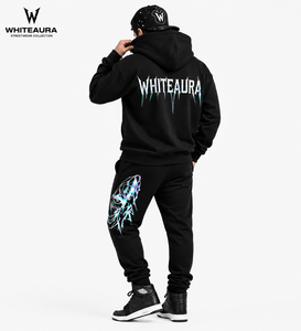 Conjunto de chándal con capucha negro para hombre Whiteaura con estampado de calavera iridiscente, sudadera y pantalones estilo streetwear con cremallera frontal completa - Product Image 4