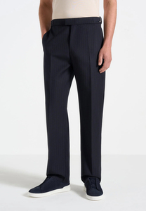 Men's Navy Pinstripe Formal Trousers Straight Leg Midweight <b>Wool</b> Blend Anti-Wrinkle Flat Front Button Closure Autumn Wear - Product Image 4
