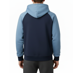 Sudadera con capucha para hombre de diseño superior, de dos tonos, con mangas raglán, en contraste azul marino y azul acero, de alta calidad, estilo urbano. - Product Image 5