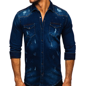 Chemise en jean formelle vintage à manches longues pour homme, unie, avec poches, 100 % coton, imperméable et respirante - Product Image 4