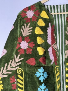 Green <b>Velvet</b> Bohemian Embroidered <b>Jacket</b> With Floral Pattern Long Sleeve Open Front Flap Pockets Casual Style - Product Image 3