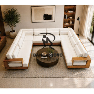 Modern Teak Wood Sectional <b>Sofa</b> Upholstered Lounge Couch Corner <b>Sofa</b> Set for Living Room Hotel Villa - Product Image 2