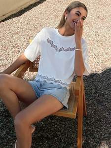 Summer Casual <b>White</b> Hollow Out Lace Patchwork Cropped T-Shirt Oversized Cotton <b>Tee</b> Short Sleeve Round Neck Tops Women's Shirts - Product Image 4