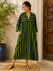 Robe midi en coton bohème écologique Kyra à imprimé rayé fait main pour femme avec fermeture à cordon, silhouette évasée - Product Image 3