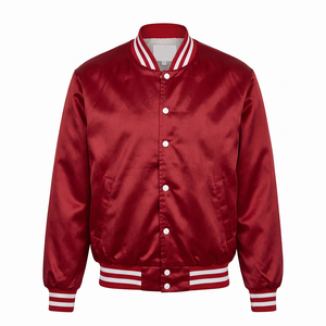 Wholesale Custom Logo Satin Varsity <b>Jacket</b> Men's Baseball Style Bomber <b>Jacket</b> with Striped Rib Cuff and Collar - Product Image 1