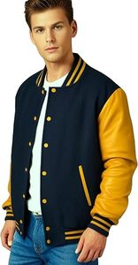 Chaqueta Varsity para Hombre, Color Azul Marino y Amarillo, de Pana, con Botones al Frente, Estilo Preppy, Corte Regular, Cuello Camisero, para Otoño - Product Image 4