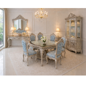 Elegant Silver Ornate <b>Dining</b> Room Furniture Set Luxury Comfortable Solid Wood Eight Seater <b>Dining</b> <b>Table</b> & Chair Factory Price UK - Product Image 1