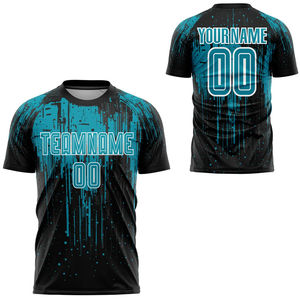 Maillot de football personnalisé sublimé noir et turquoise à motif goutte d'eau, manches courtes, anti-humidité, vêtements pour hommes adultes - Product Image 3
