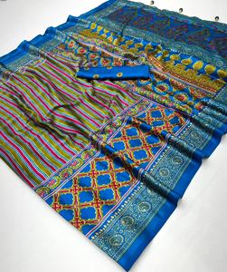 Sari de Seda Semi Ajrakh Estampado con Blusa, Estilo Bollywood Suave y Ligero para Uso Diario, Festivo y de Oficina - Product Image 4