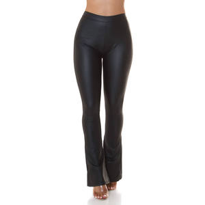 Pantalones de cuero PU de cintura alta para mujer, corte ajustado, largos, color negro sólido, antipilling, cintura elástica. - Product Image 2