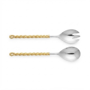 Stainless Steel <b>Salad</b> Servers Set with Gold Twisted Long Handle Handmade Spoon and Fork 2 Piece Metal Tableware for Home - Product Image 1