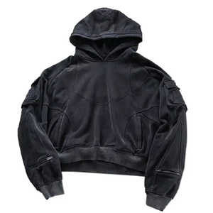 Breathable Custom <b>Vintage</b> <b>Cargo</b> Pocket Acid Wash Hoodie Heavyweight Panel Streetwear Fleece Raglan Sleeves Acid Wash Hoodies - Product Image 1