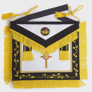 Tablier maçonnique personnalisé en cuir noir avec franges jaunes, broderie couleur unie, col en V, application de badge à coudre sur vêtement - Product Image 1
