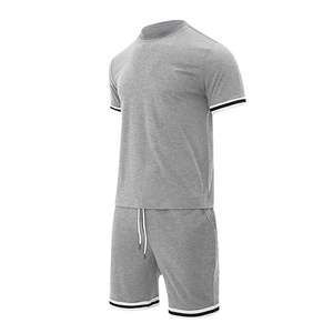 Conjunto de Camiseta y Pantalones Cortos de Punto Gris para Hombre, Estilo Casual de Verano, con Ribete en Contraste, Ropa Deportiva de Algodón, Servicio OEM al por Mayor - Product Image 3