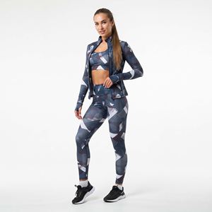 Ensemble de yoga imprimé 3 pièces pour femme : veste d'entraînement, brassière de sport dos nageur et leggings de compression taille haute respirants - Product Image 3