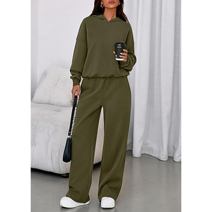 Ensemble sweat à capuche et pantalon de survêtement droit pour femme, tenue décontractée chaude d'hiver, couleur unie - Product Image 2