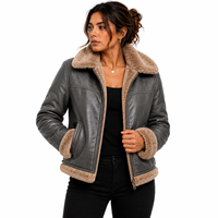 Blouson aviateur en cuir véritable pour femme avec garniture en fourrure, fermeture éclair, manteau chaud d'hiver