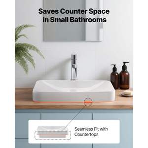 Lavabo en céramique blanc rectangulaire moderne 19,29 x 12,01 pouces Trou de vidange de 1-3/4 pouces à poser pour les petits espaces pour les lavabos de salle de bain - Product Image 2