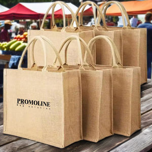 Sac fourre-tout en jute réutilisable avec logo personnalisé, fermeture à bouton, sac de shopping écologique pour un usage quotidien, motif de lettres, plusieurs tailles - Product Image 1