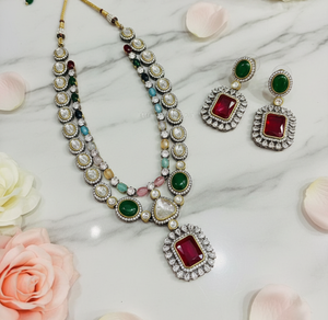 Brass <b>Statement</b> <b>Necklace</b> Set Emerald Cut Doublet Stone Crown Earrings Colorful Beaded Jewelry for Women Party - Product Image 3