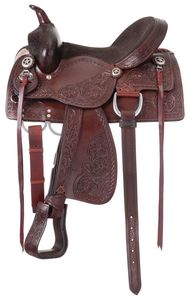 Silla de montar western de cuero premium hecha a mano con estructura de madera resistente para carreras de barriles, cuerda y equitación de placer. - Product Image 1