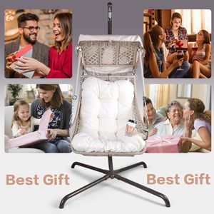 Fauteuil suspendu œuf beige, nouveau design, résistant aux UV, pour intérieur/extérieur, avec support, porte-gobelet, cadre en rotin tressé antirouille, 350 lb, pour patio - Product Image 5